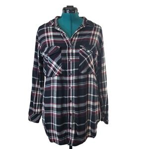 Sanctuary Boyfriend Plaid Shirt Snap Down Long Sleeve Black Red White Large‎